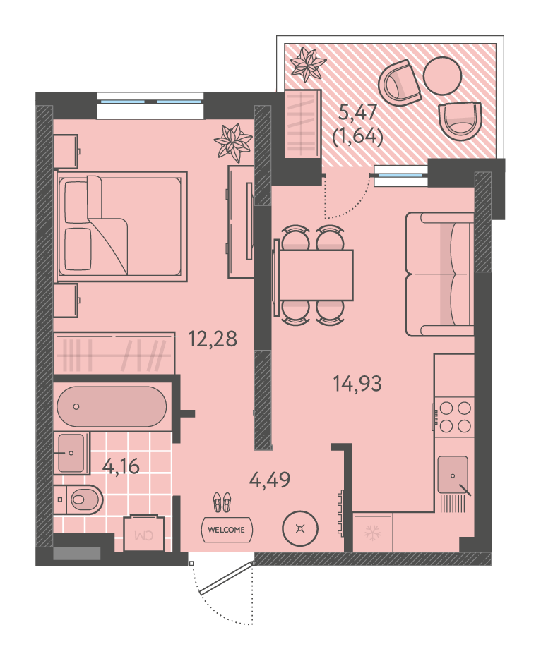 Планировка: 1-комн. квартира 36,9 м²