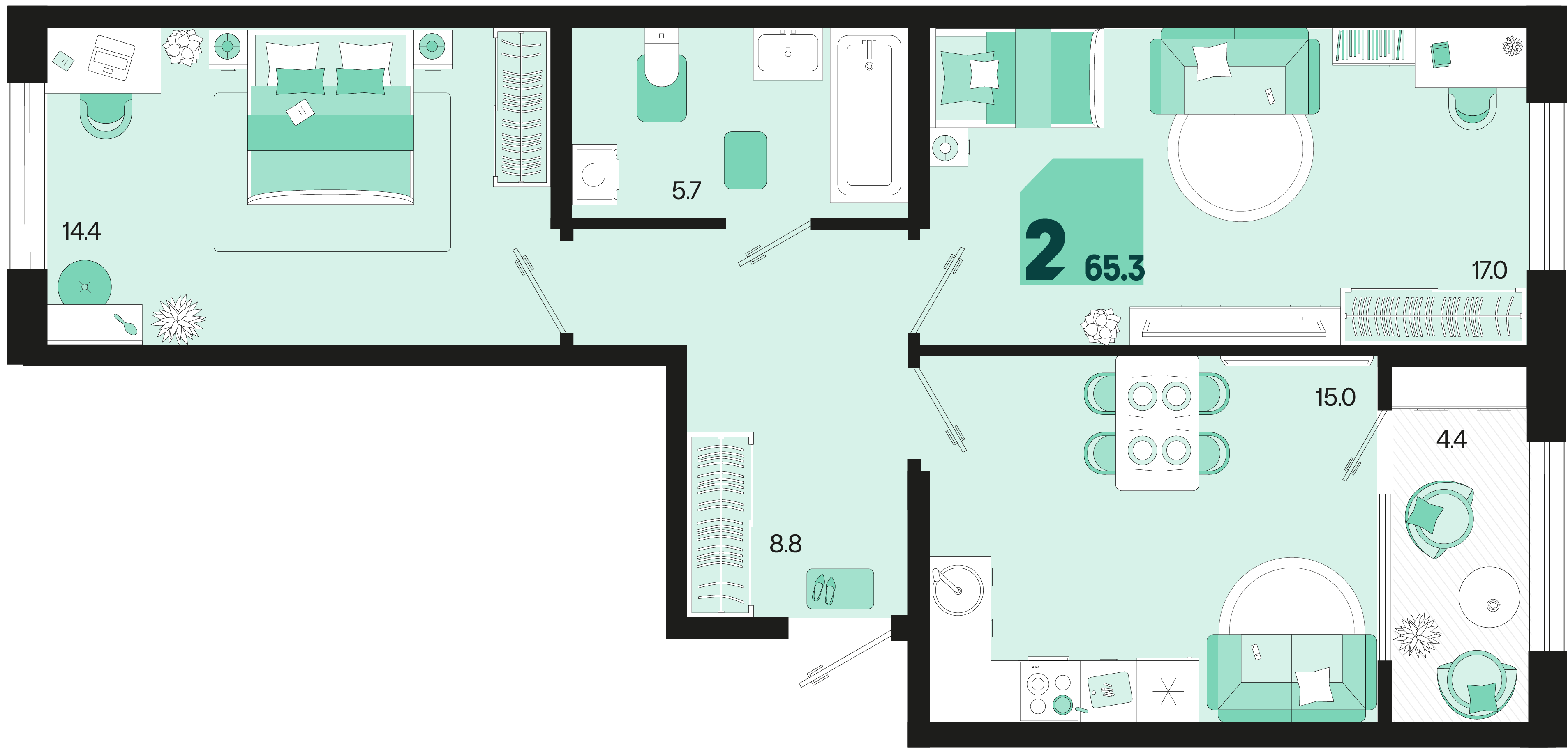 Планировка 2-комнатная 65,3 м²