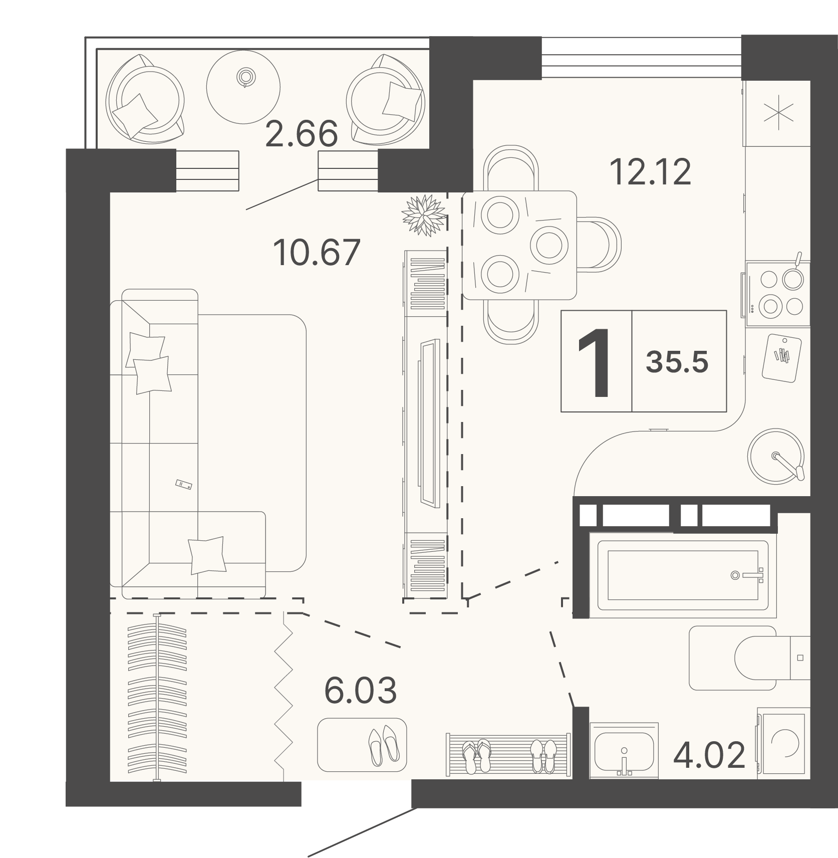 Планировка 1-комнатная 35,5 м²