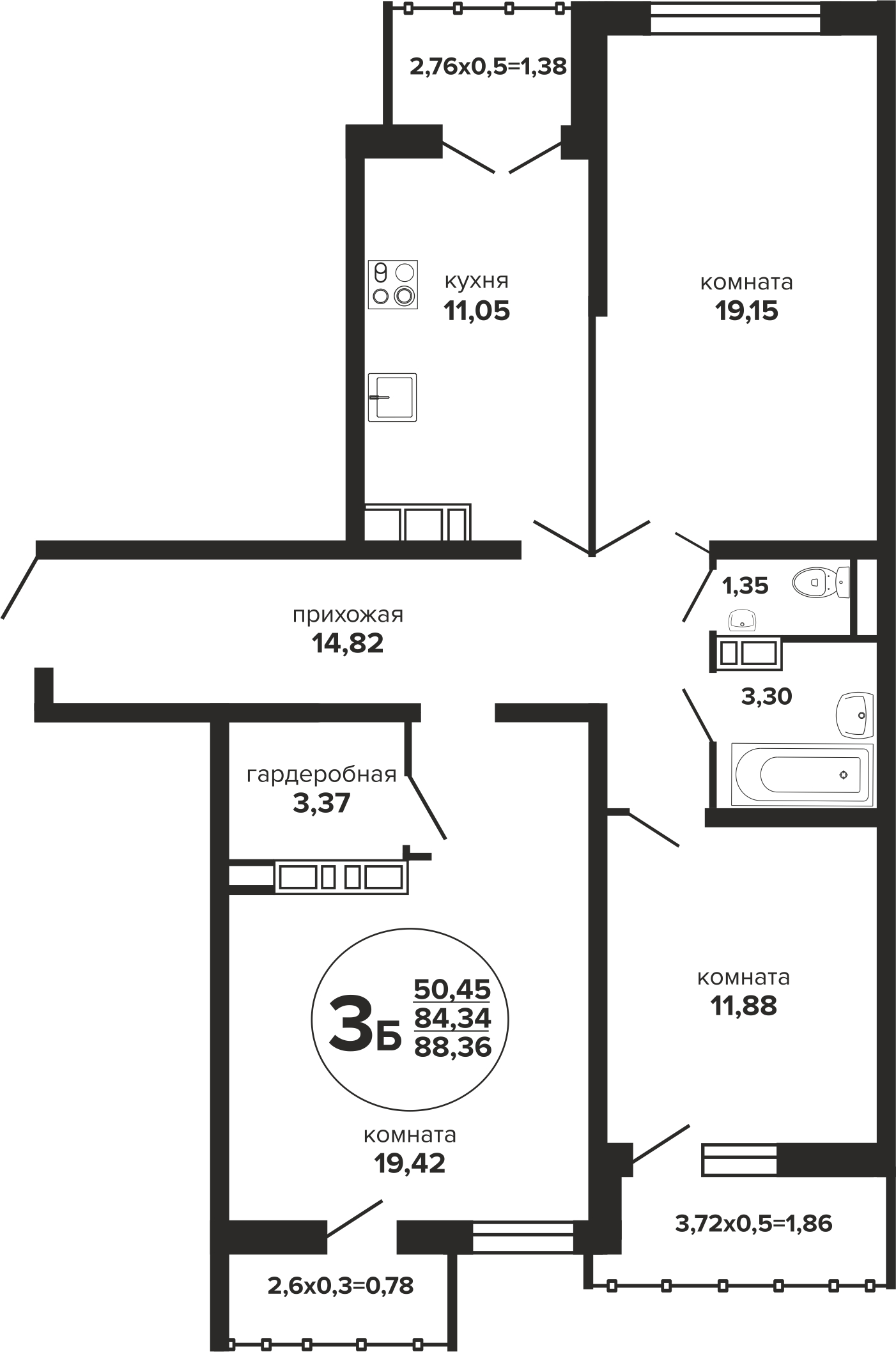 Планировка 3-комнатная 88,36 м²