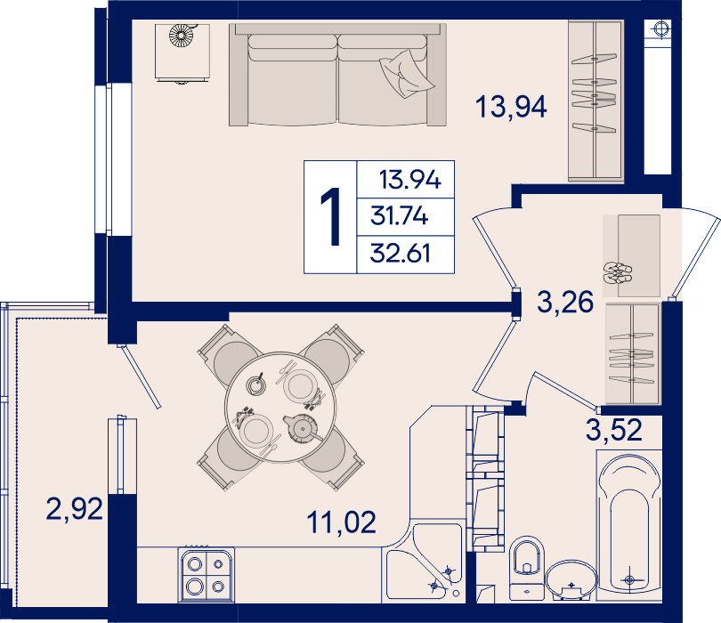 Планировка: 1-комн. квартира 32,6 м²