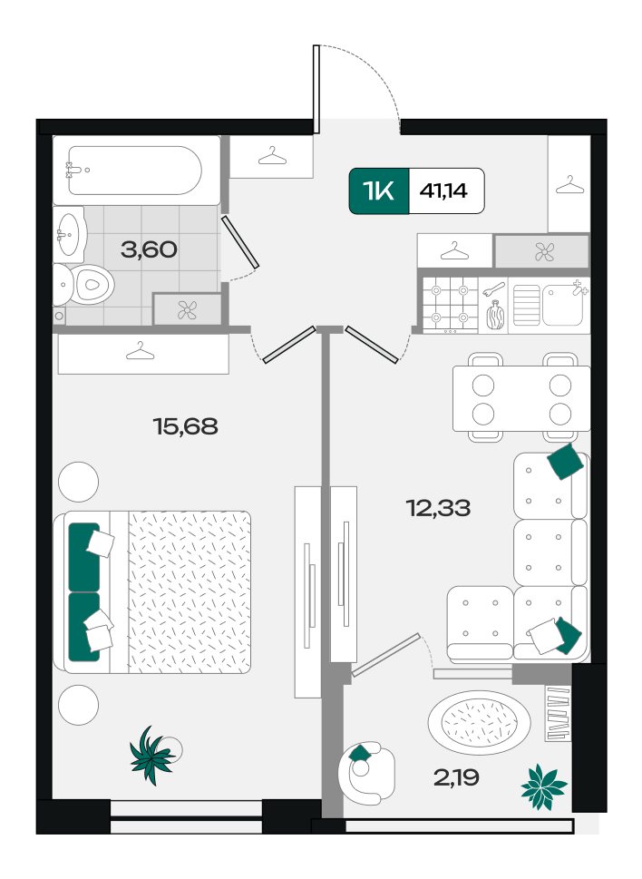 Планировка 1-комнатная 41,14 м²