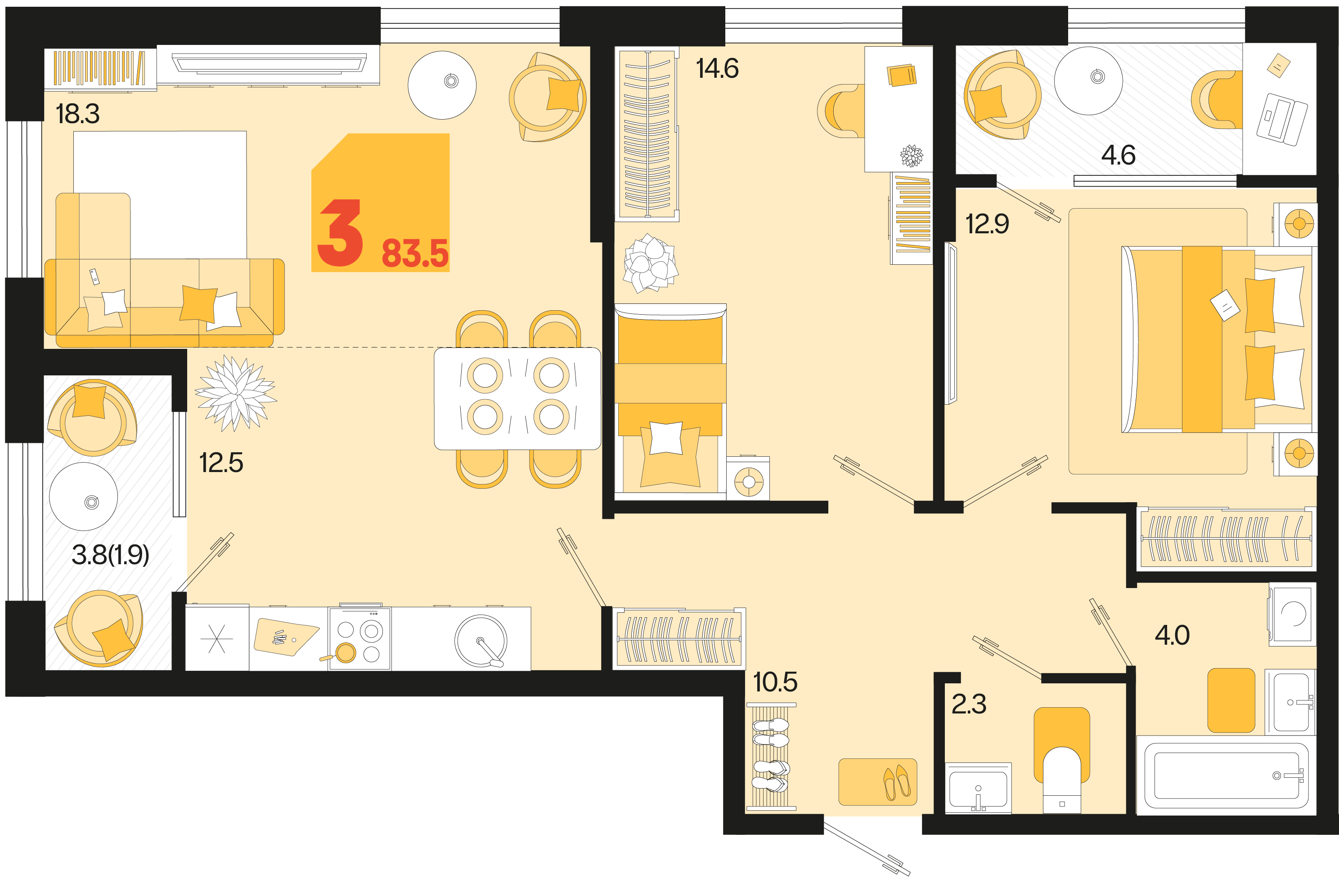 Планировка 3-комнатная 83,5 м²