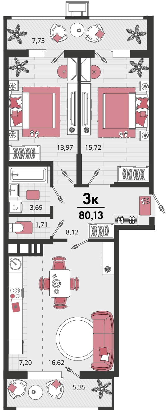 Планировка 3-комнатная 80,12 м²