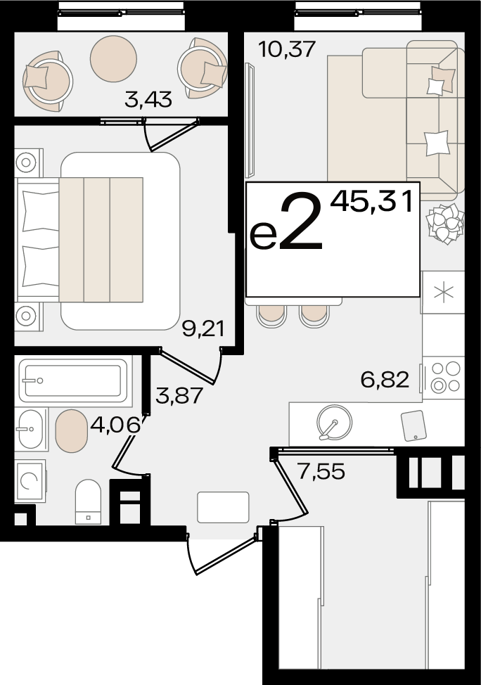 Планировка 2-комнатная 45,3 м²