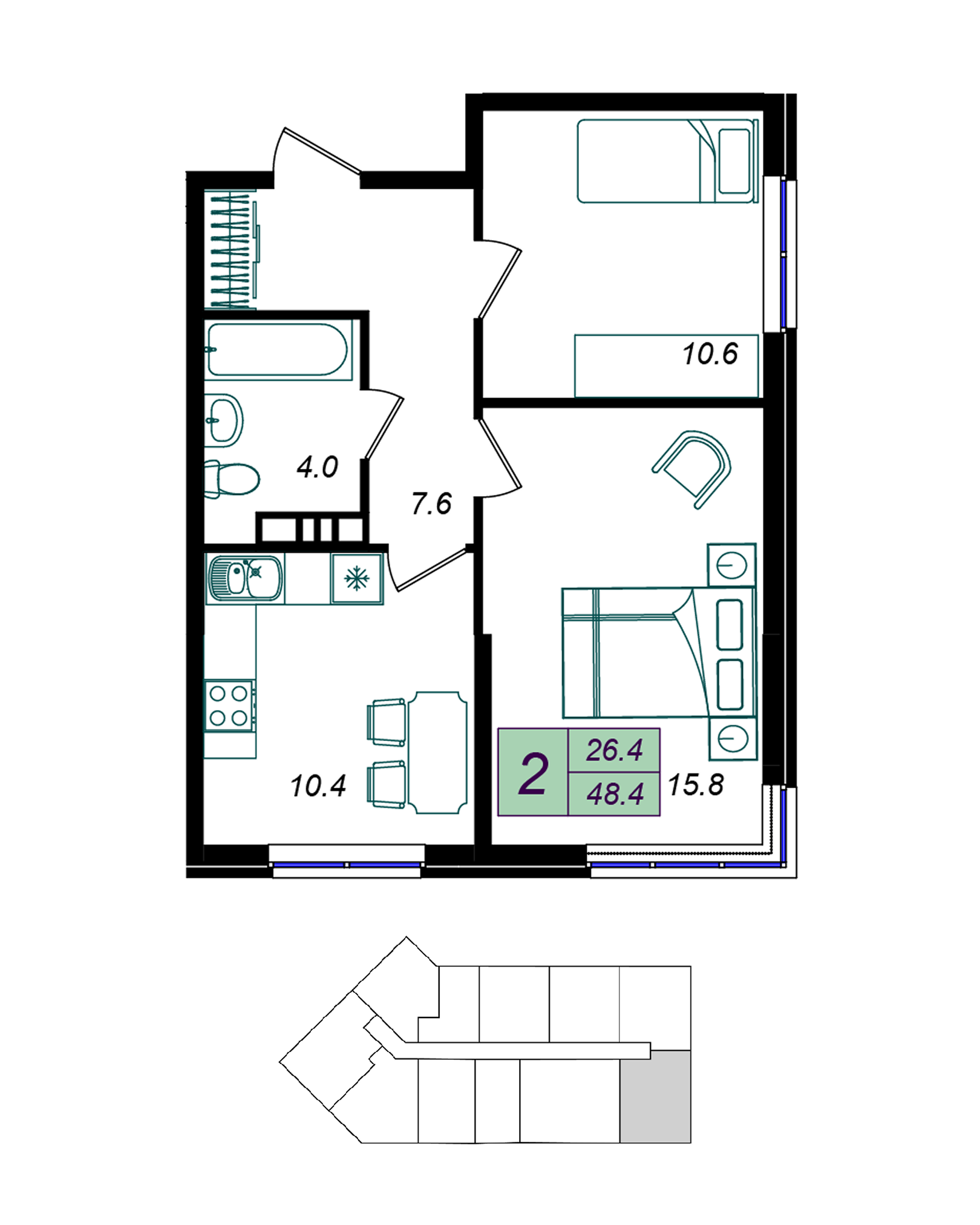 Планировка: 2-комн. квартира 48,4 м²