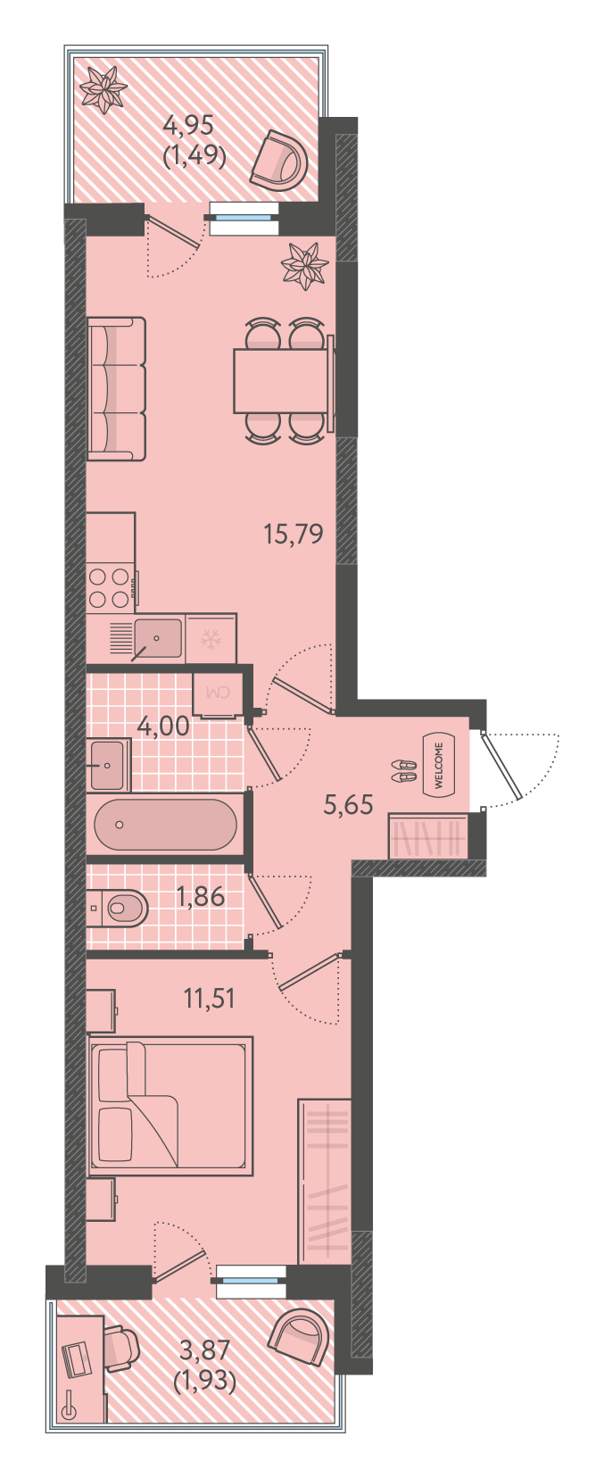 Планировка: 1-комн. квартира 40,7 м²