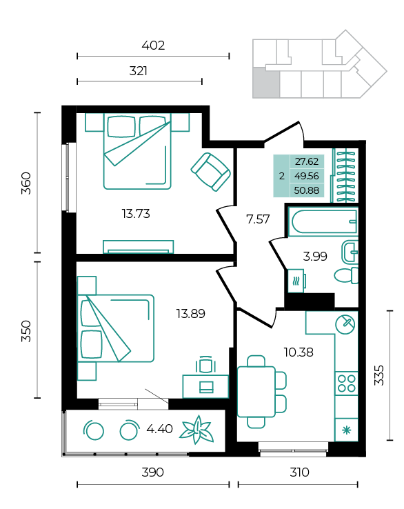 Планировка: 2-комн. квартира 50,9 м²
