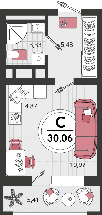 Планировка 1-комнатная 30,06 м²
