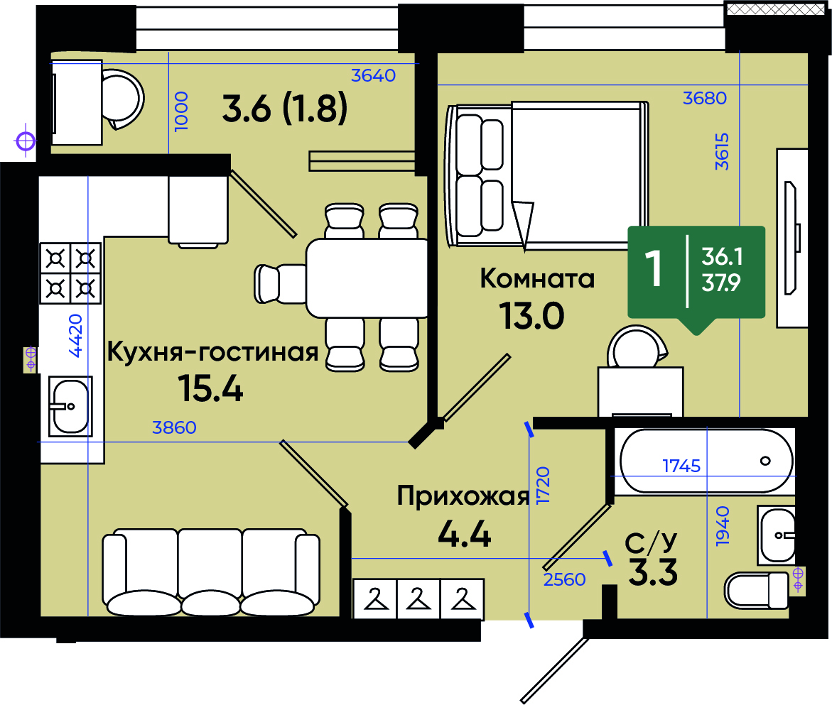 Планировка: 1-комн. квартира 38,1 м²