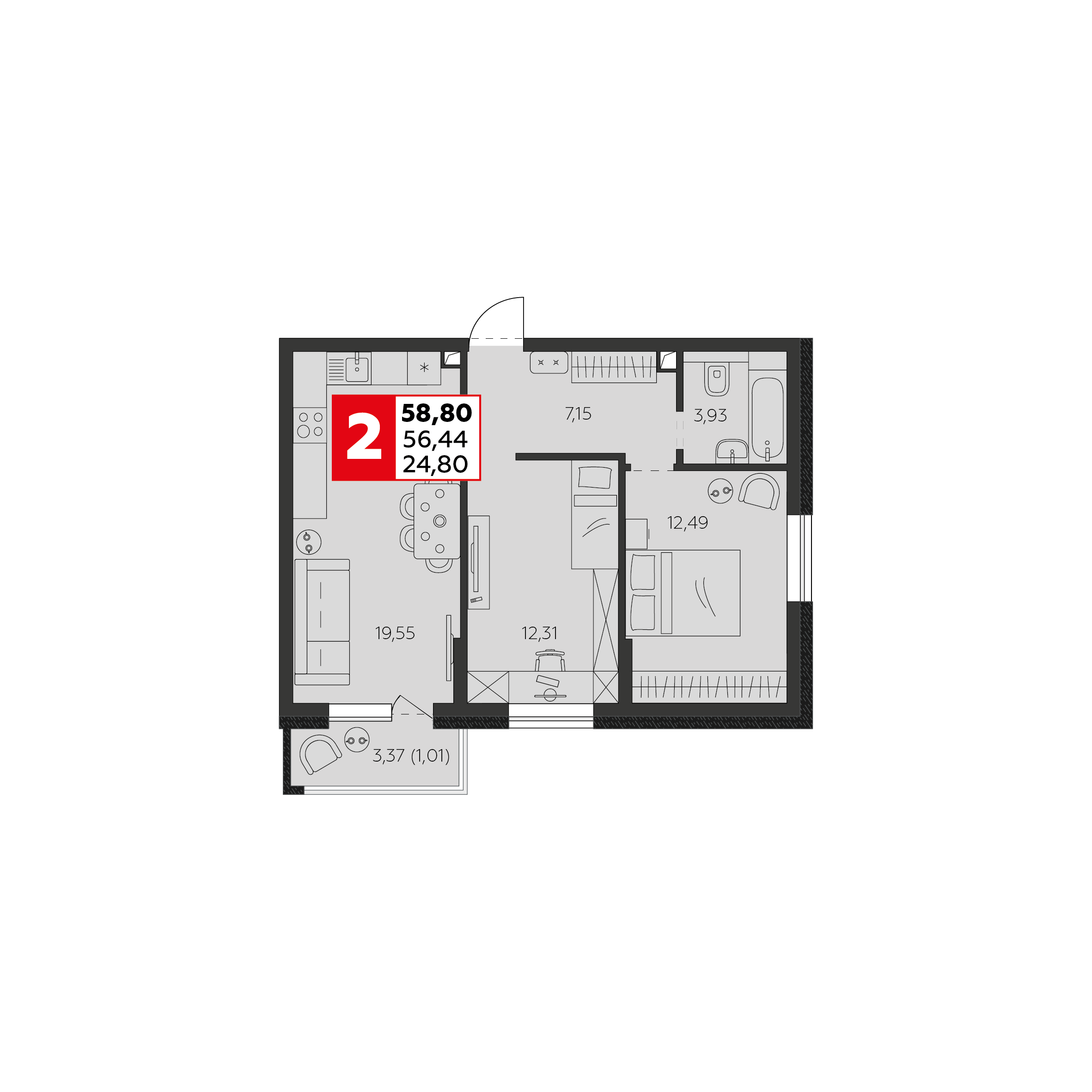 Планировка 3-комнатная 56,44 м²