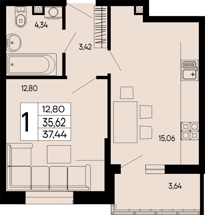 Планировка: 1-комн. квартира 37,4 м²