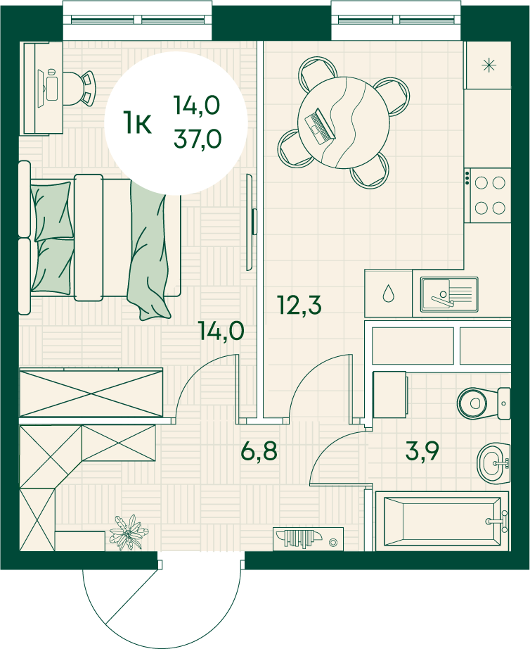 Планировка 1-комнатная 37 м²