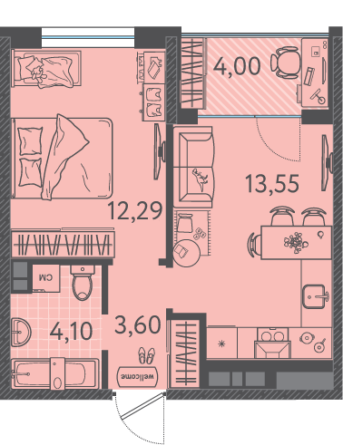 Планировка 1-комнатная 35,35 м²