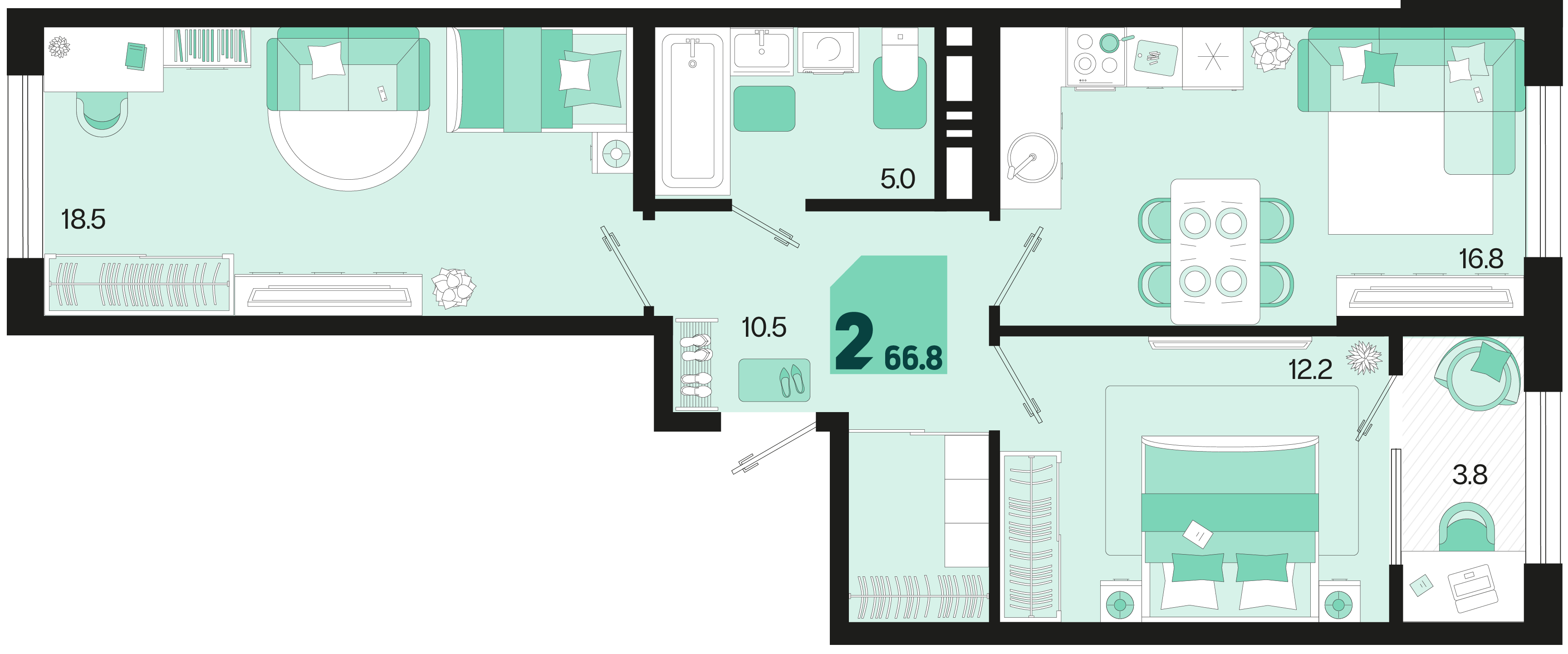 Планировка 2-комнатная 66,8 м²