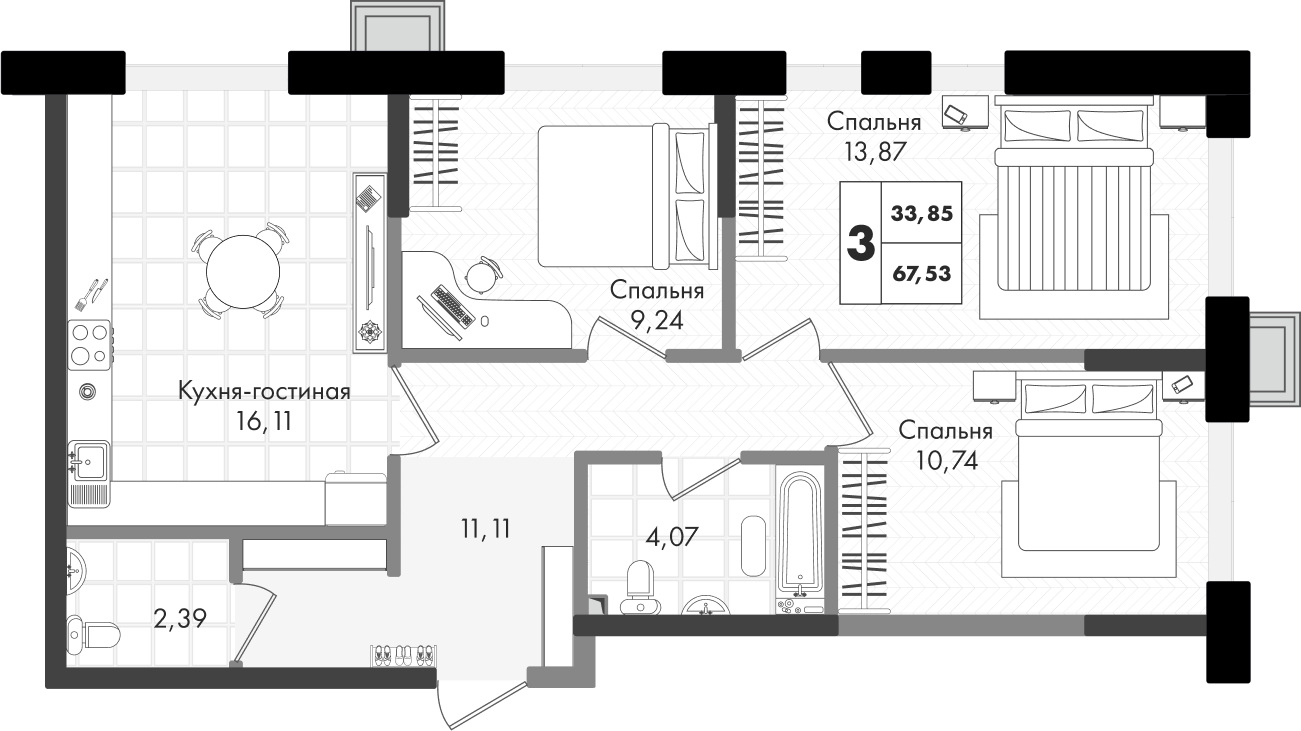 Планировка 3-комнатная 67,53 м²