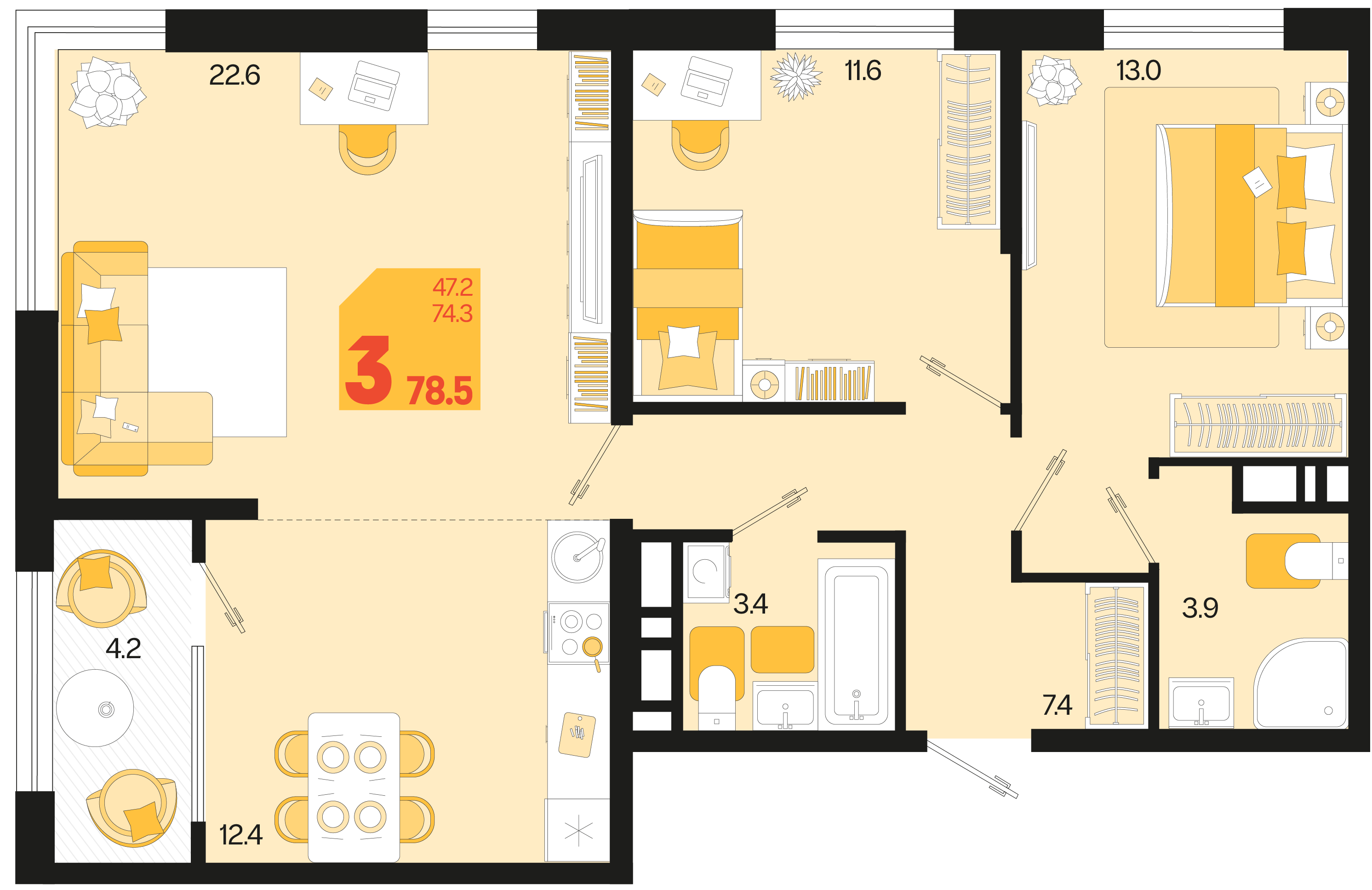 Планировка 3-комнатная 78,5 м²