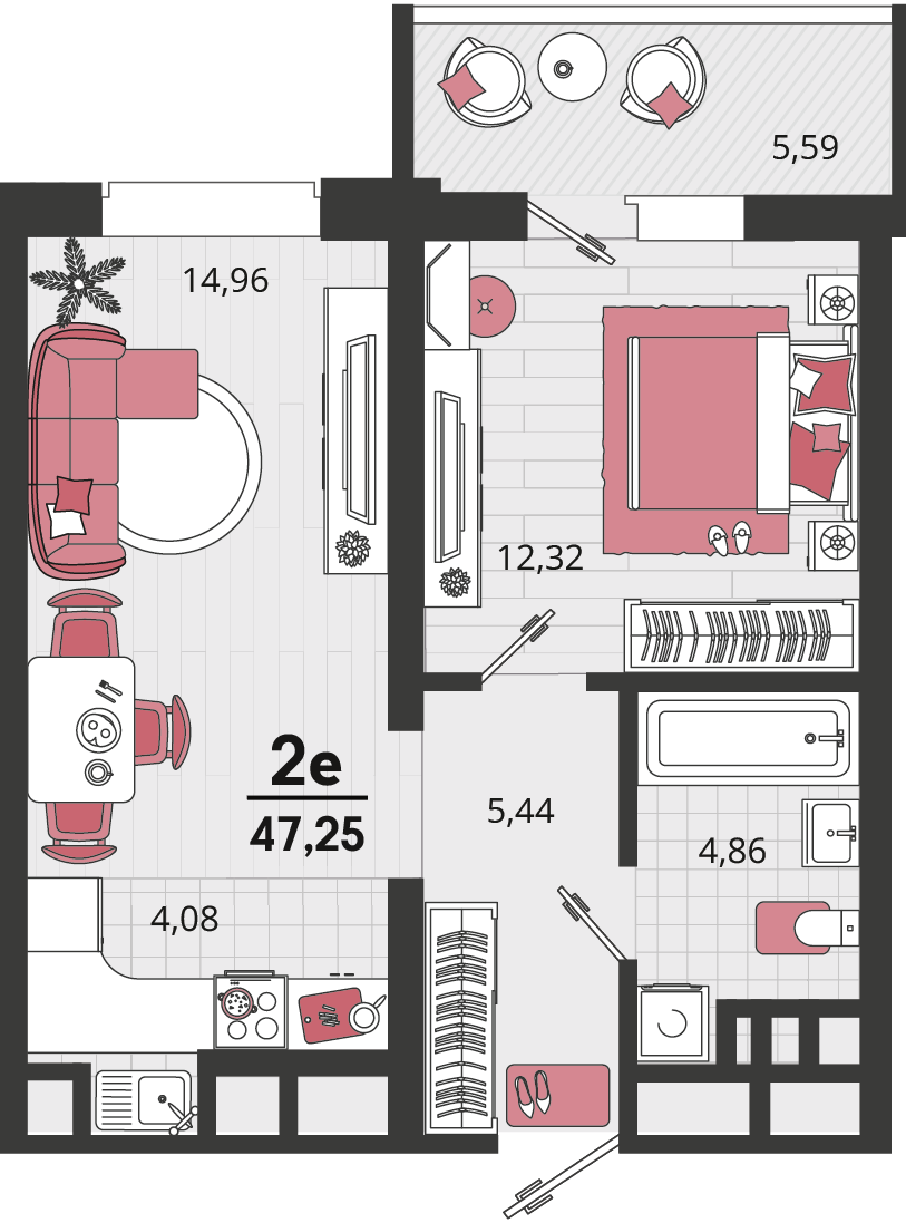 Планировка 2-комнатная 47,25 м²