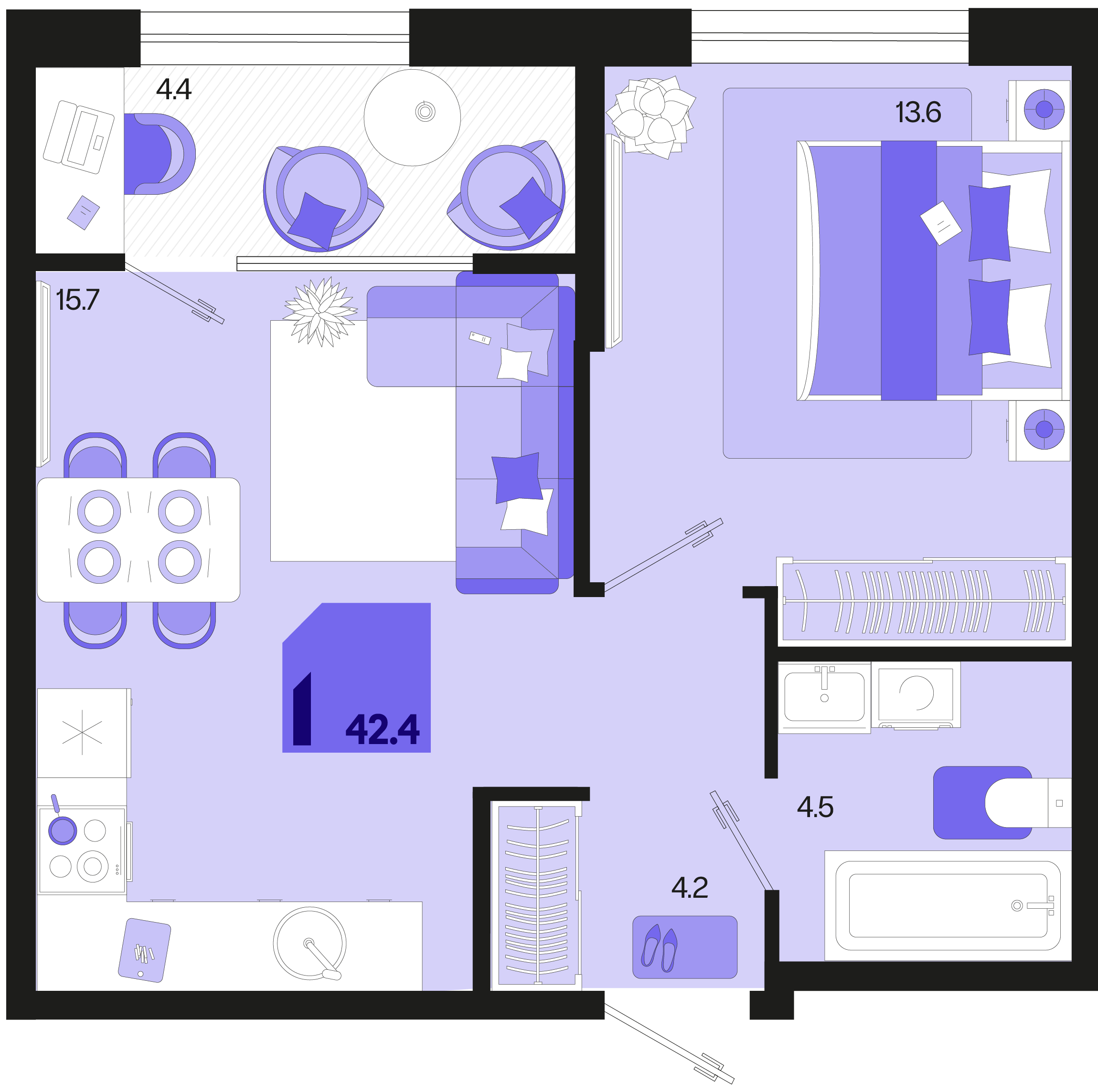 Планировка 1-комнатная 42,4 м²
