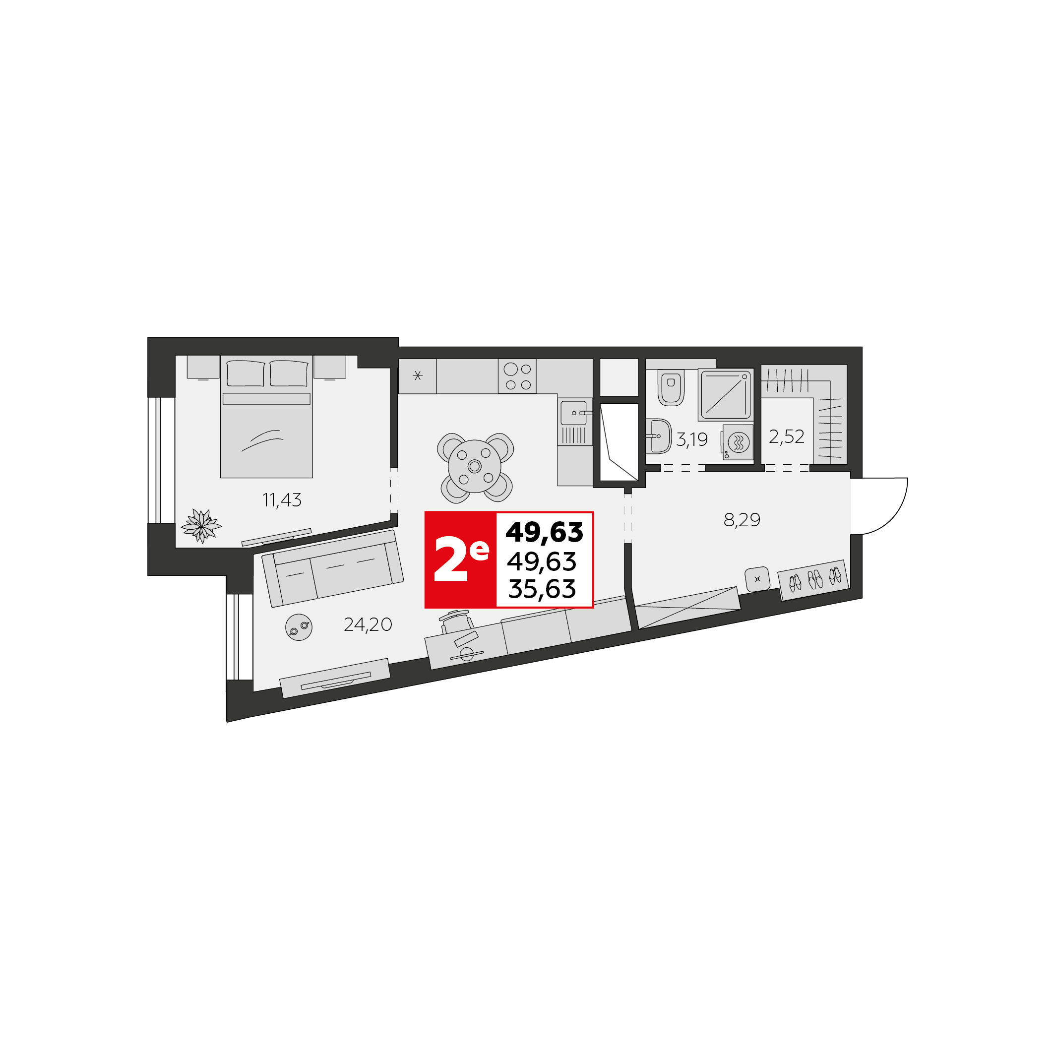 Планировка 2-комнатная 49,63 м²