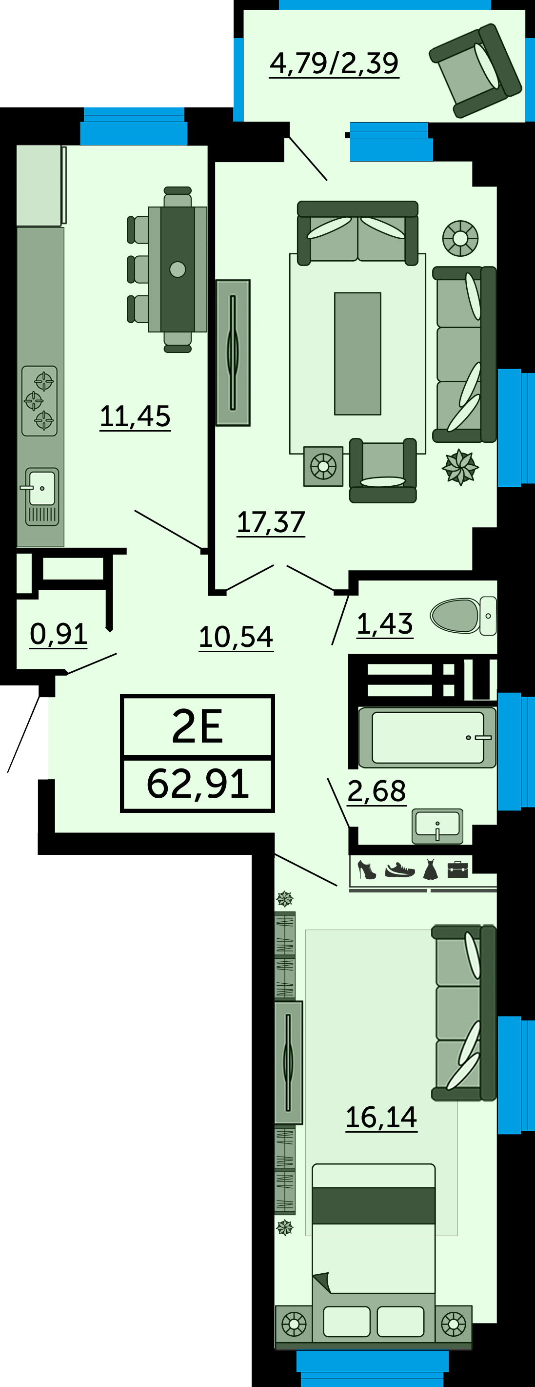 Планировка 2-комнатная 64 м²