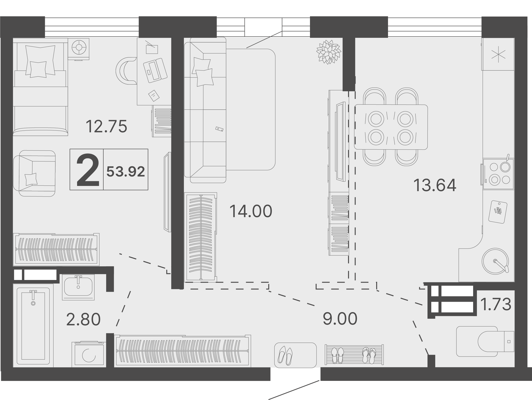 Планировка 2-комнатная 53,92 м²