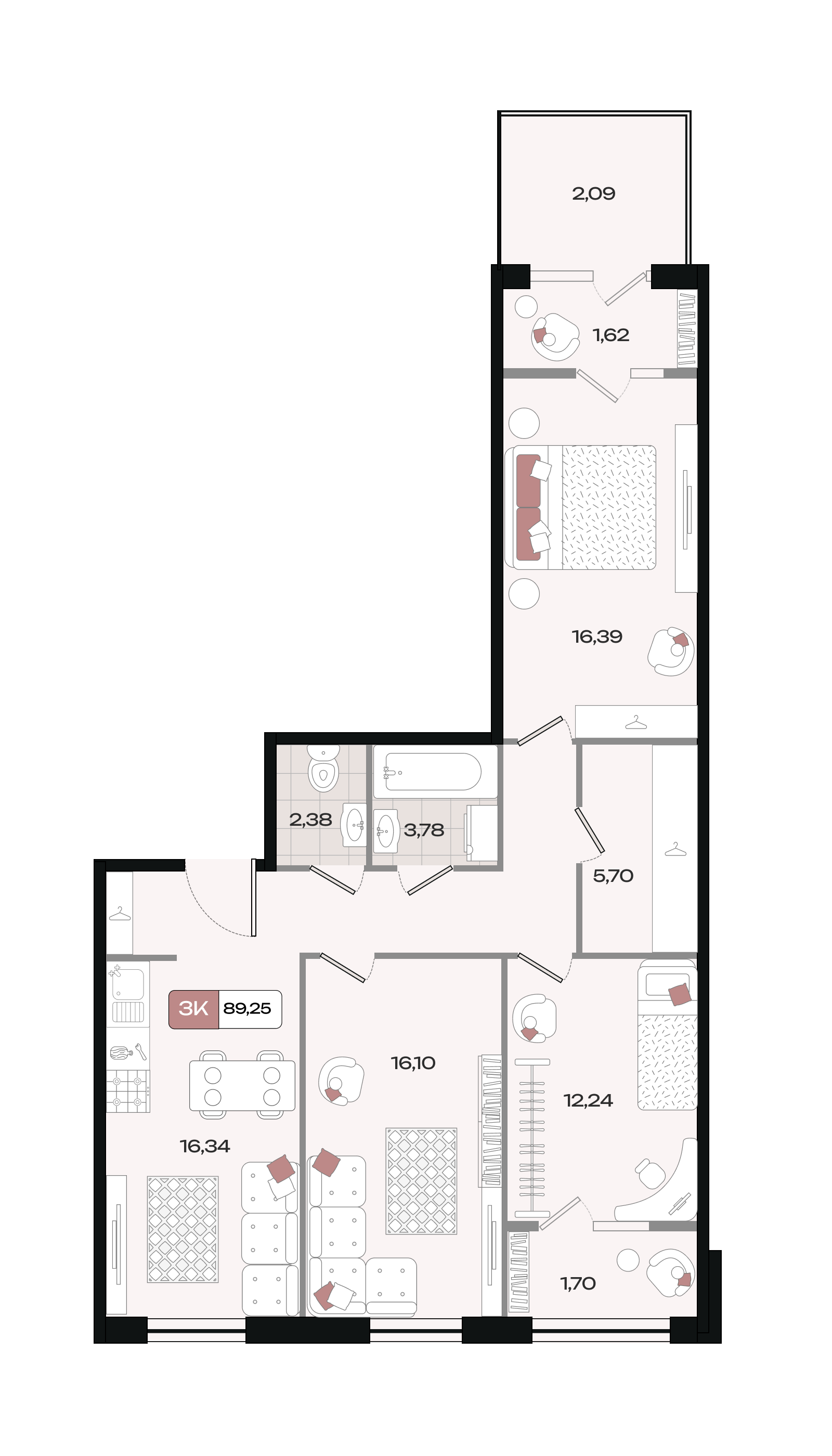 Планировка 3-комнатная 89,25 м²