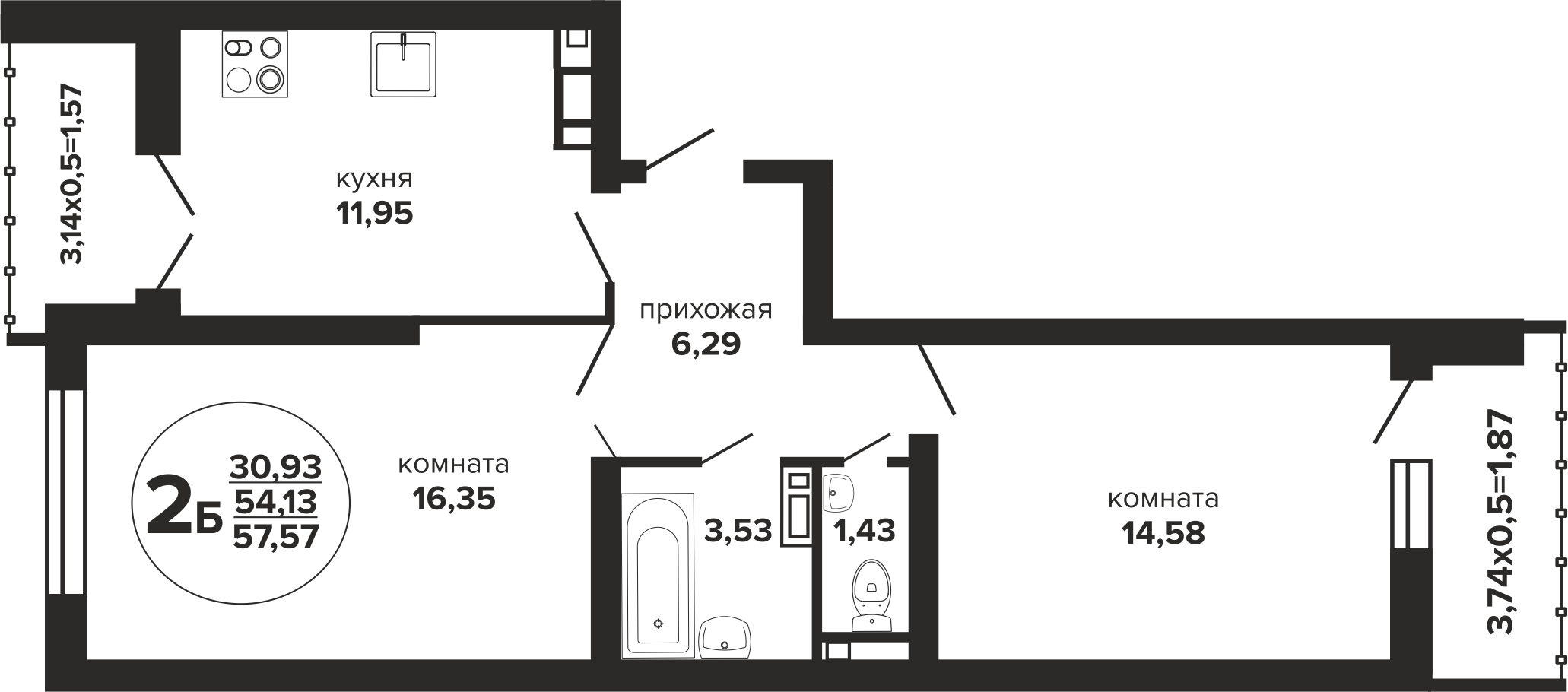 Планировка 2-комнатная 59 м²