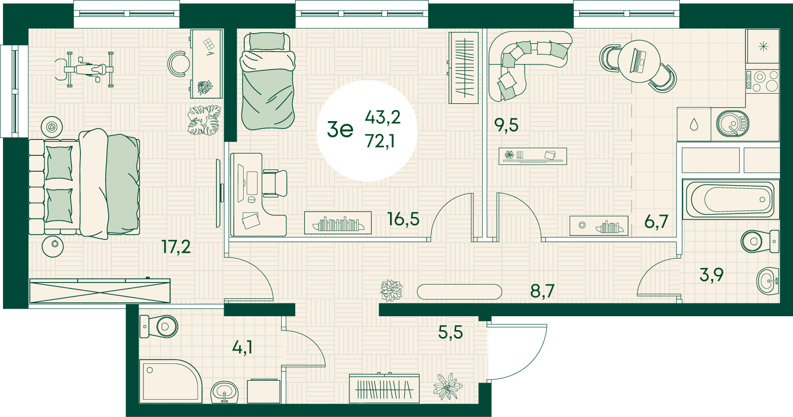 Планировка 3-комнатная 72,1 м²