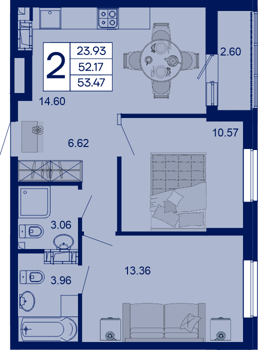 Планировка: 2-комн. квартира 53,5 м²