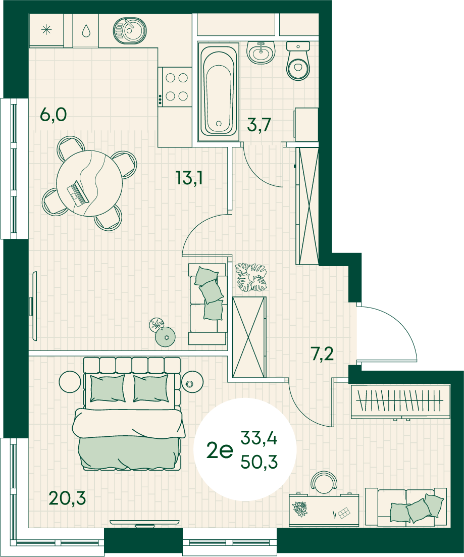 Планировка 2-комнатная 50,3 м²