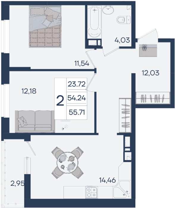 Планировка: 2-комн. квартира 55,7 м²