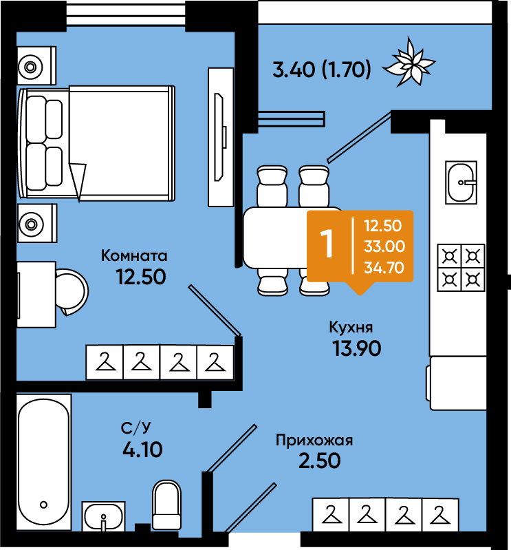 Планировка: 1-комн. квартира 34,7 м²
