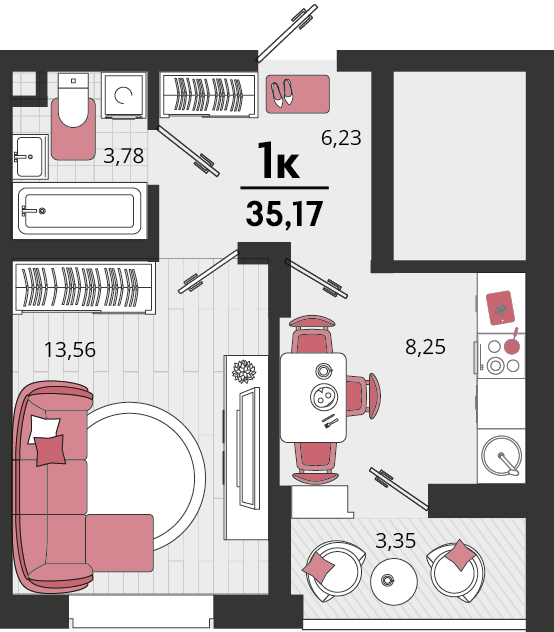 Планировка 1-комнатная 34,6 м²
