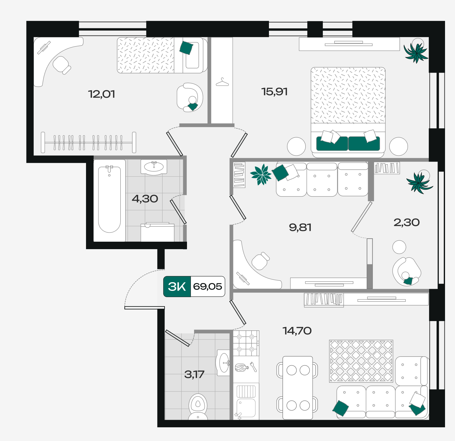 Планировка 3-комнатная 69,05 м²