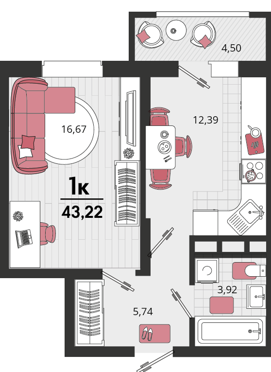 Планировка 1-комнатная 44 м²