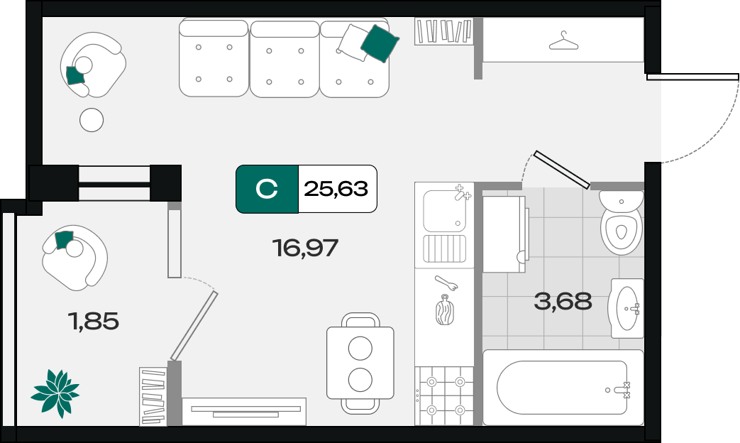 Планировка Студия 25,63 м²