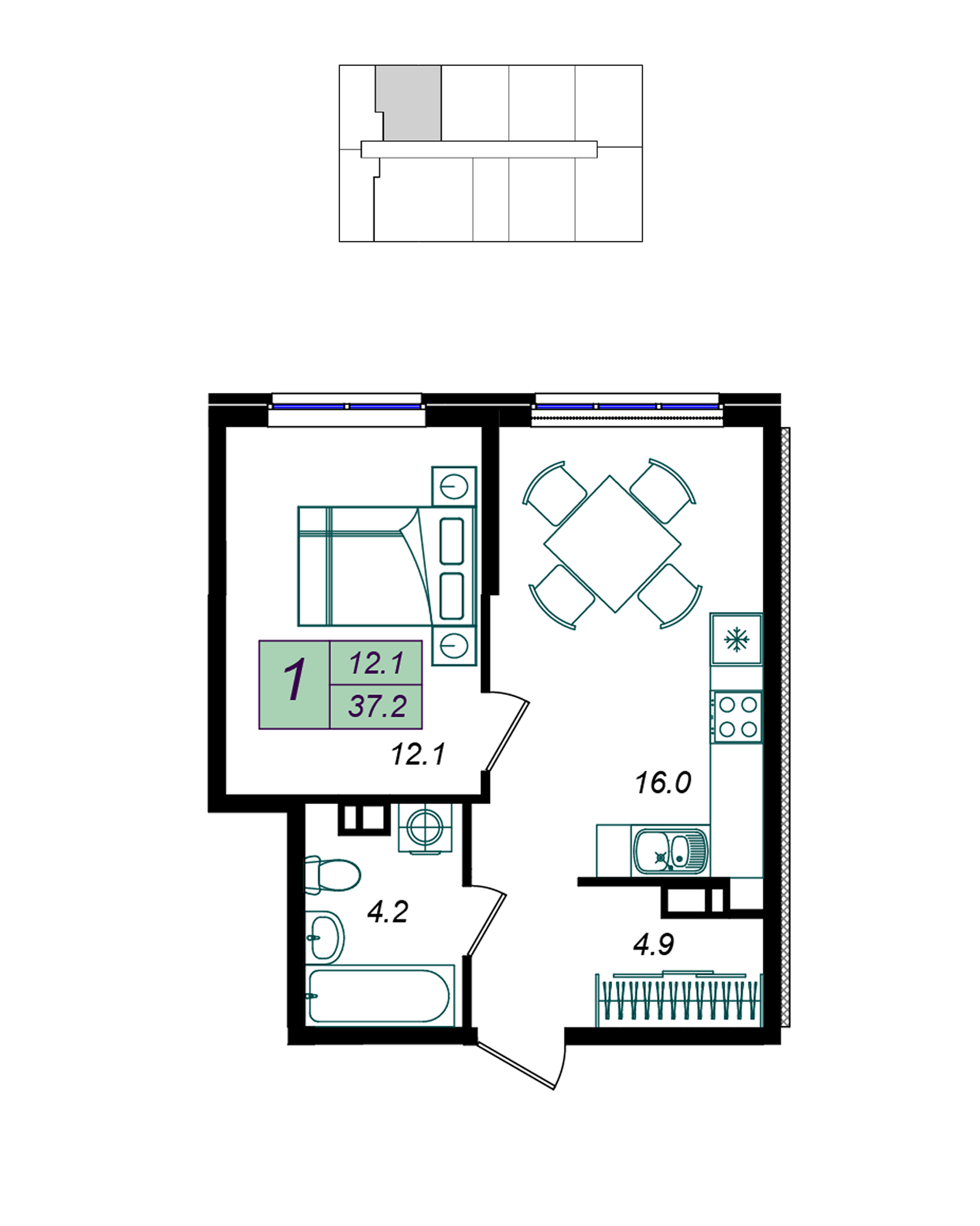 Планировка: 1-комн. квартира 37,2 м²