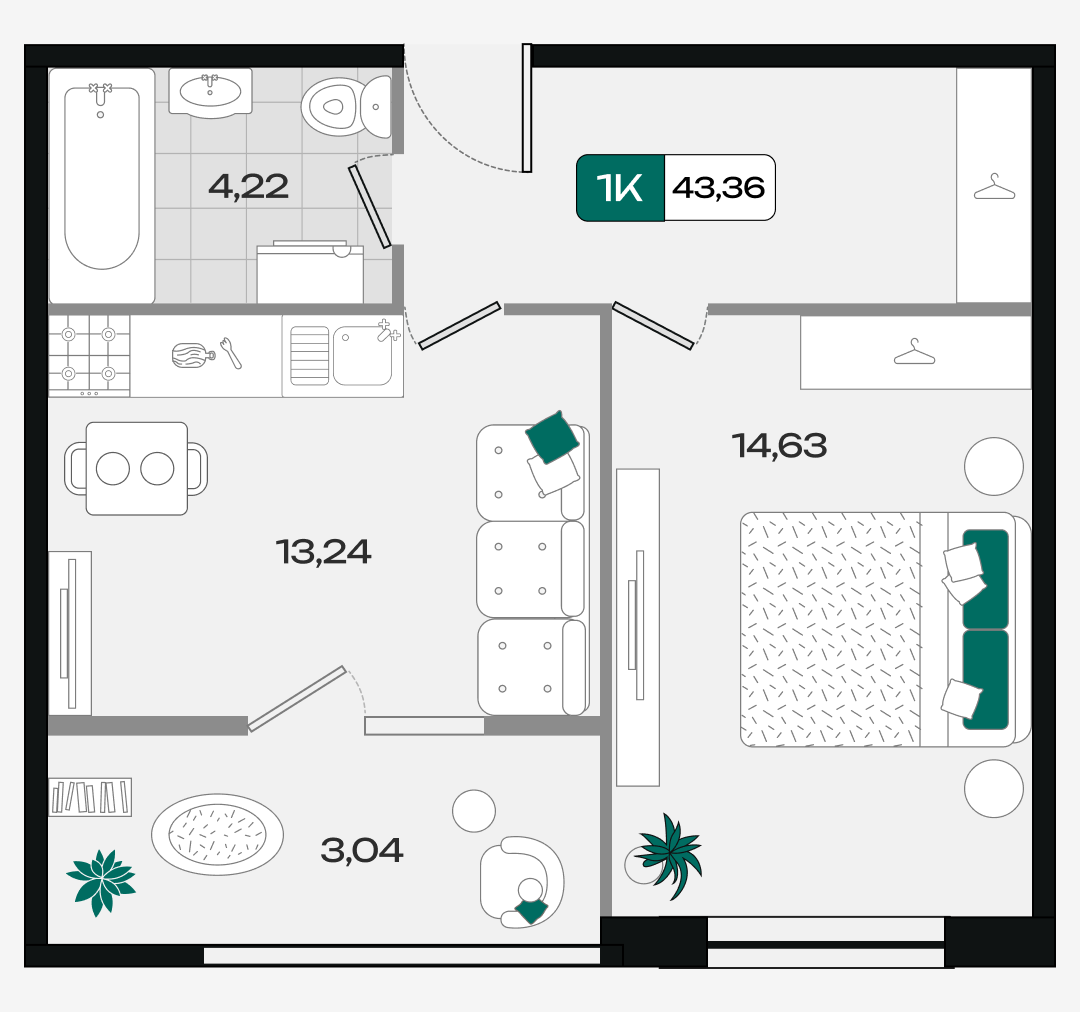 Планировка: 1-комн. квартира 43,4 м²
