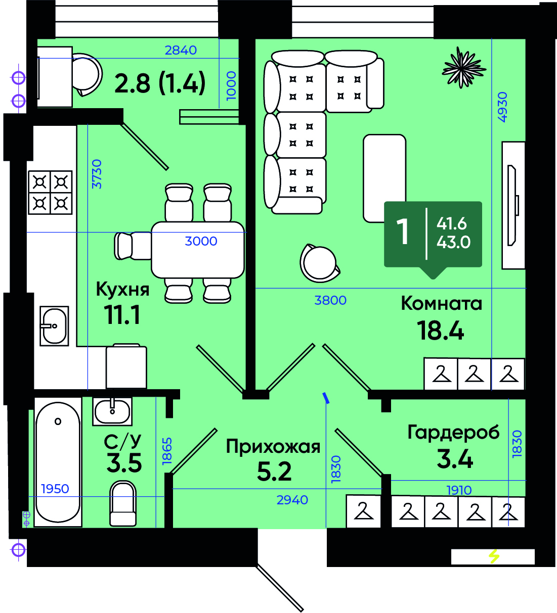 Планировка: 1-комн. квартира 44 м²