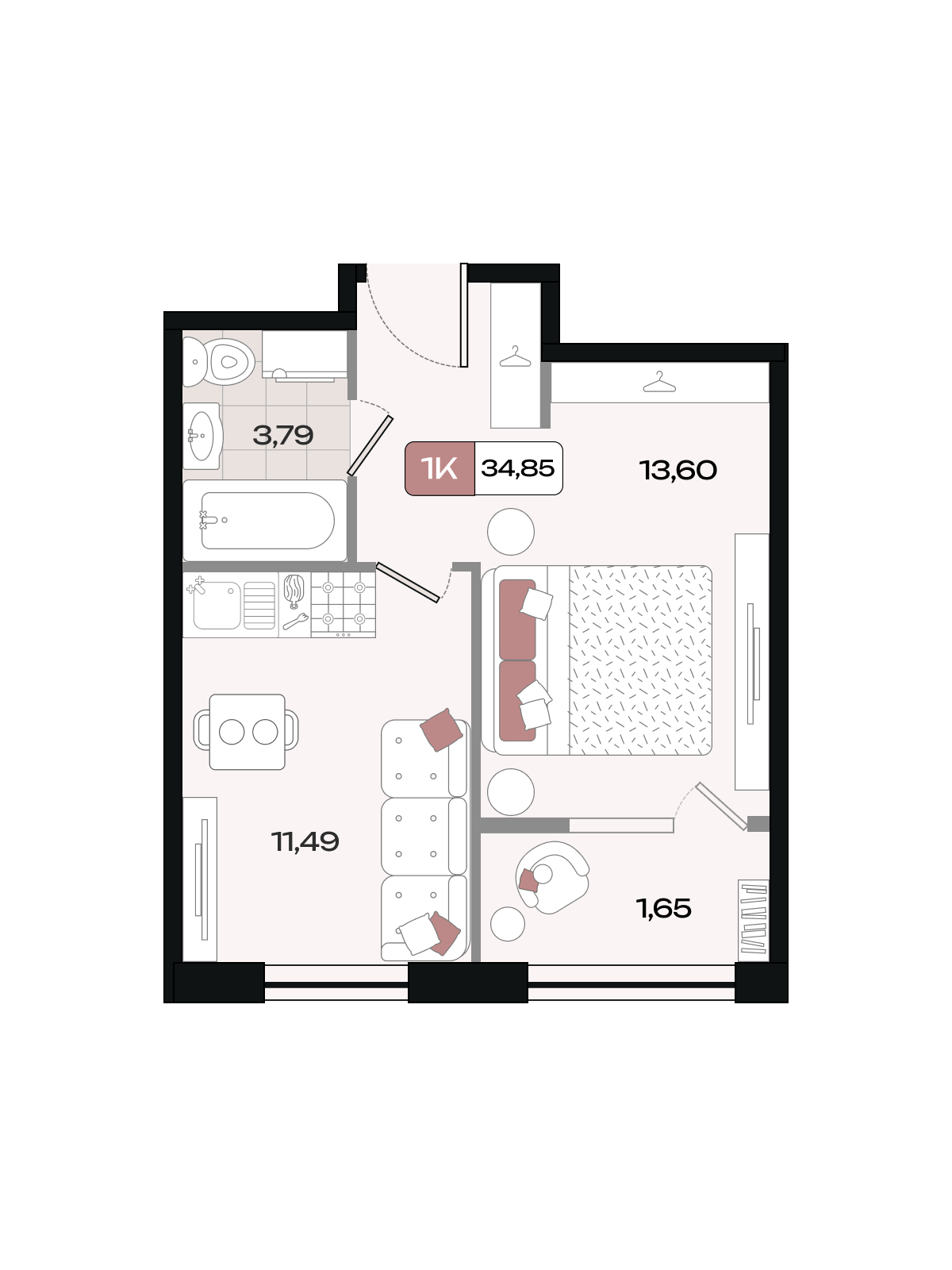 Планировка: 1-комн. квартира 34,9 м²
