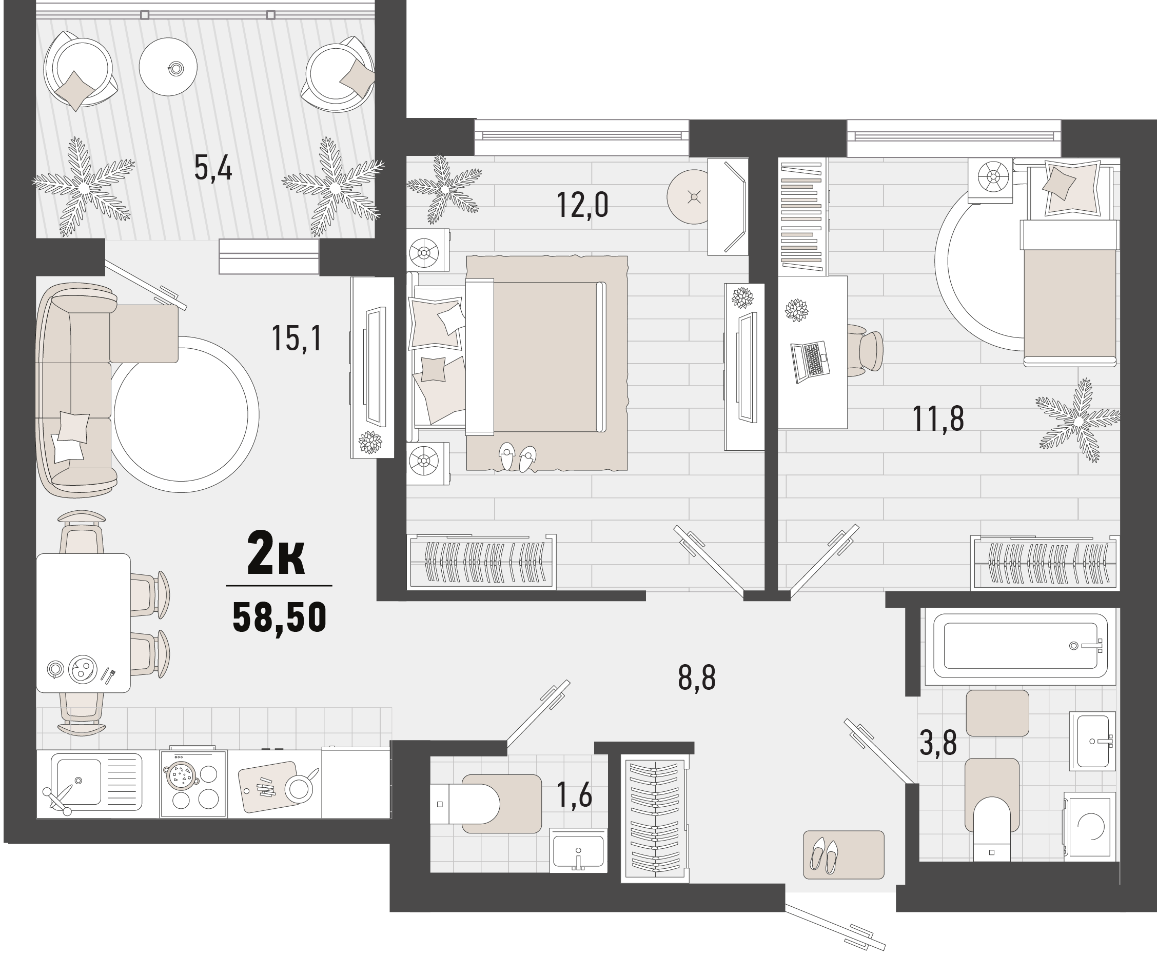 Планировка 2-комнатная 58,5 м²