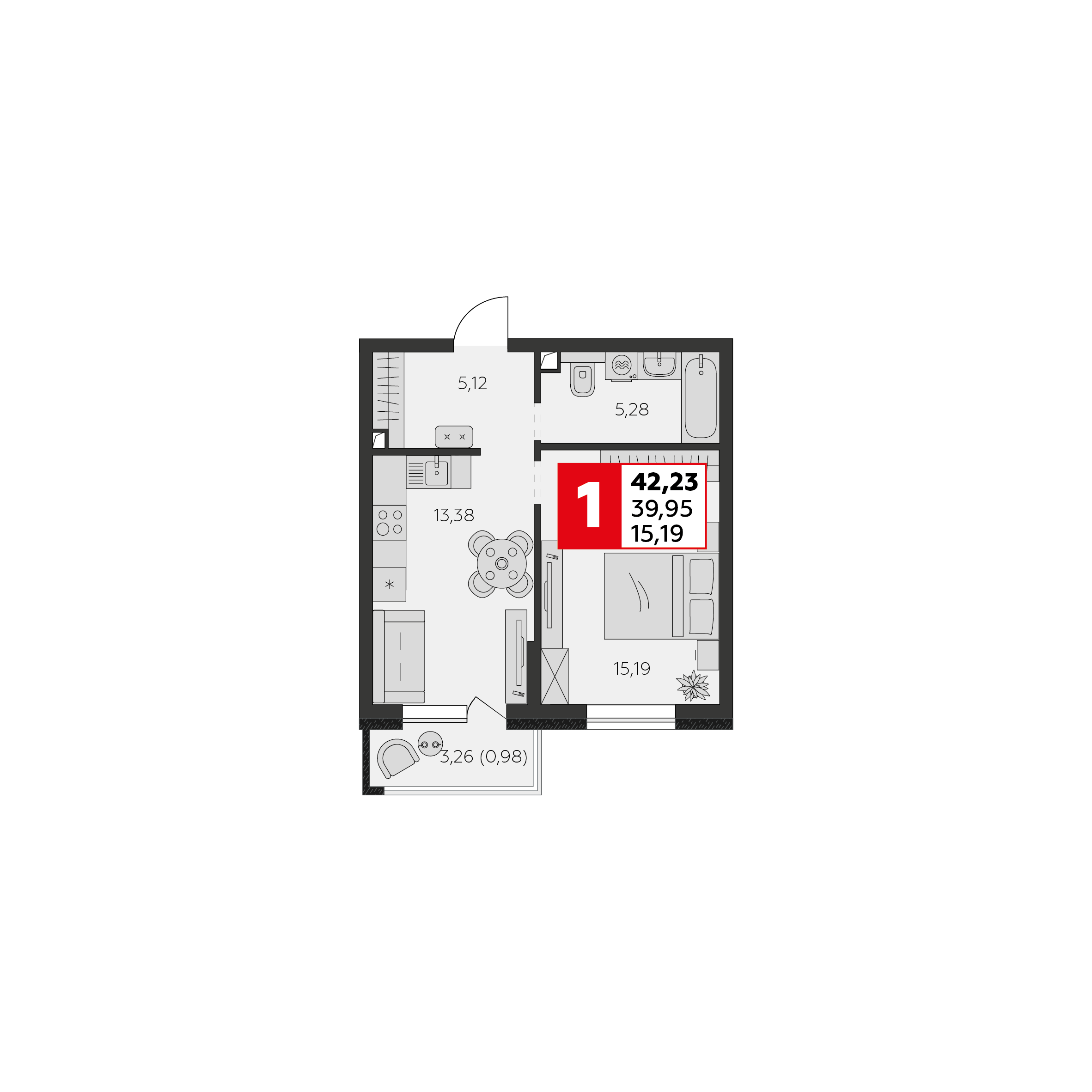 Планировка 1-комнатная 39,95 м²