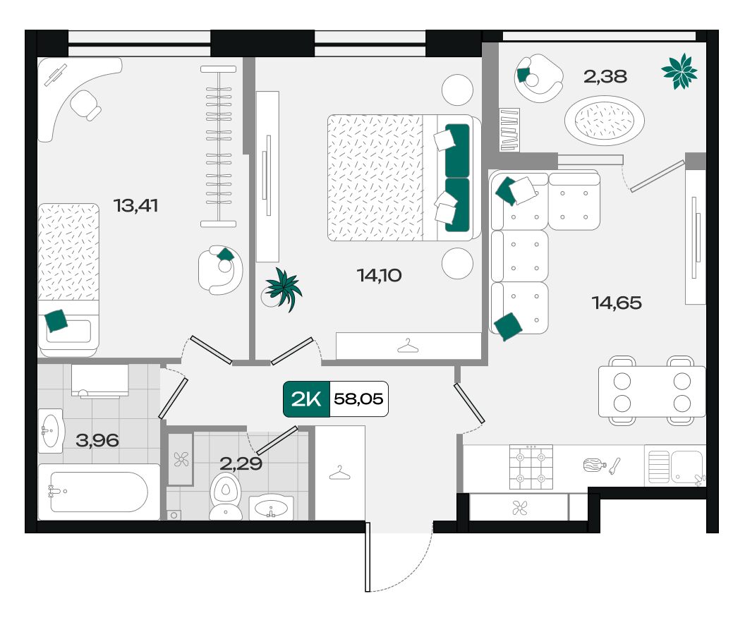 Планировка 2-комнатная 58,05 м²