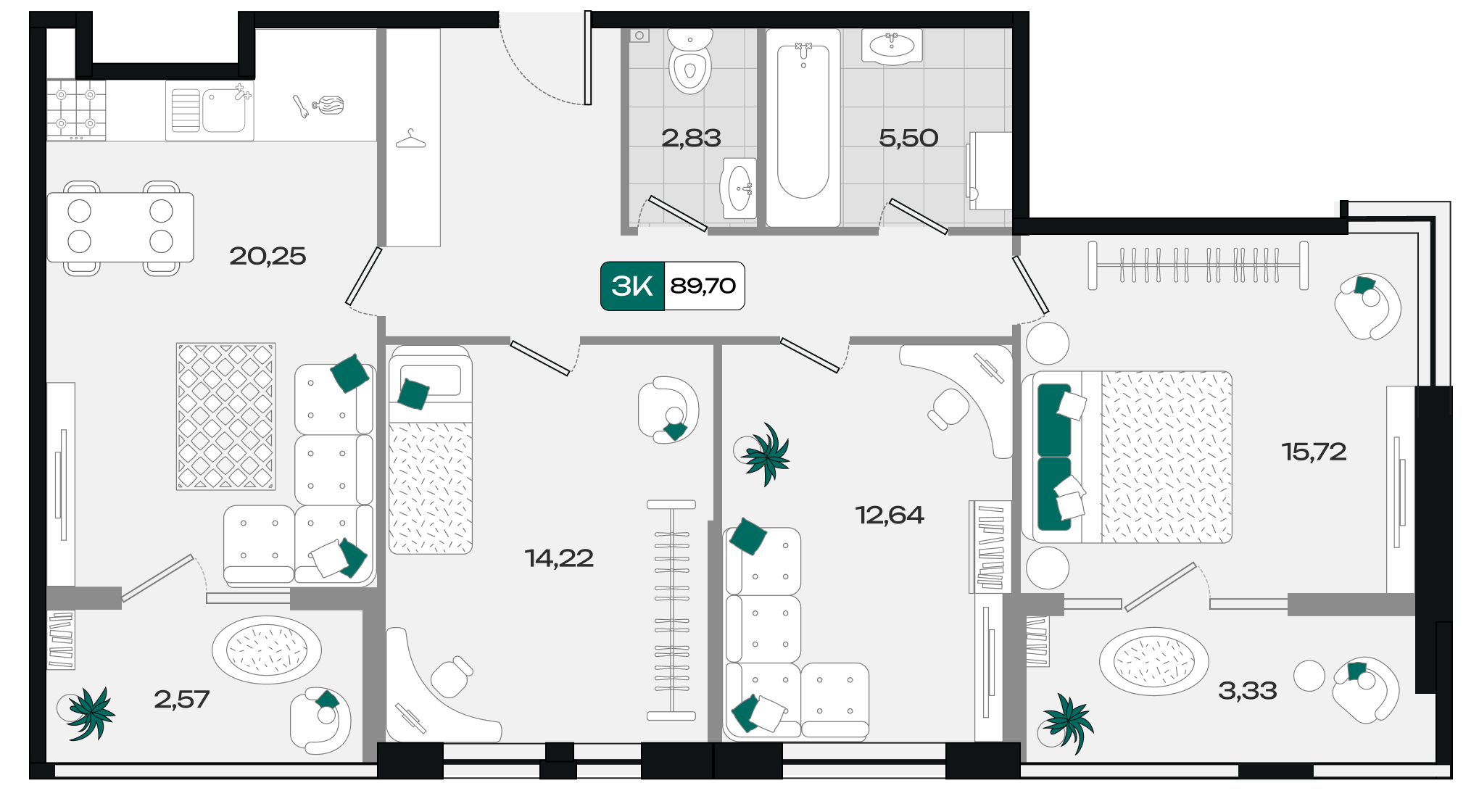 Планировка: 3-комн. квартира 89,7 м²