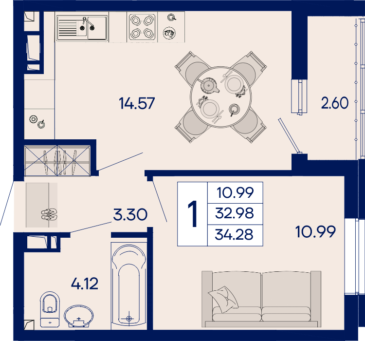 Планировка: 1-комн. квартира 34,3 м²