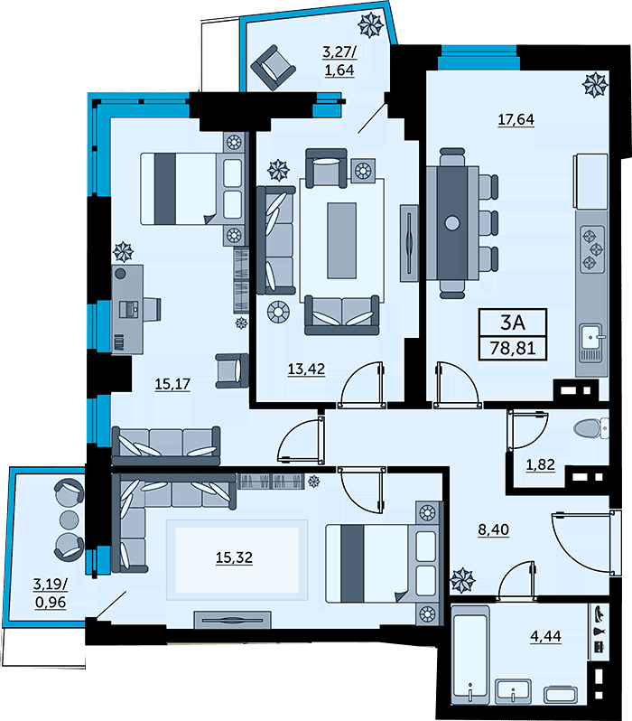 Планировка 3-комнатная 79,9 м²