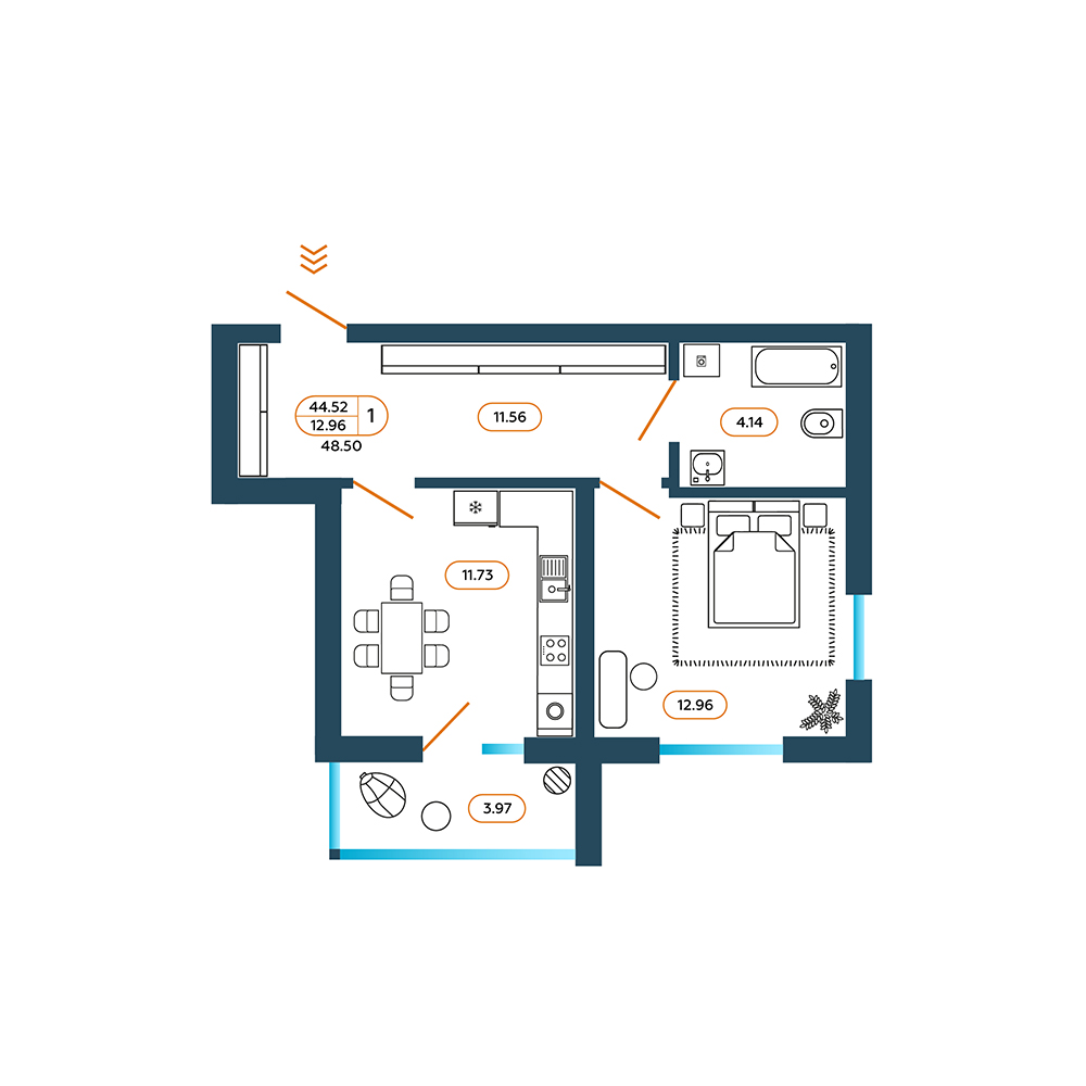 Планировка: 1-комн. квартира 45,7 м²