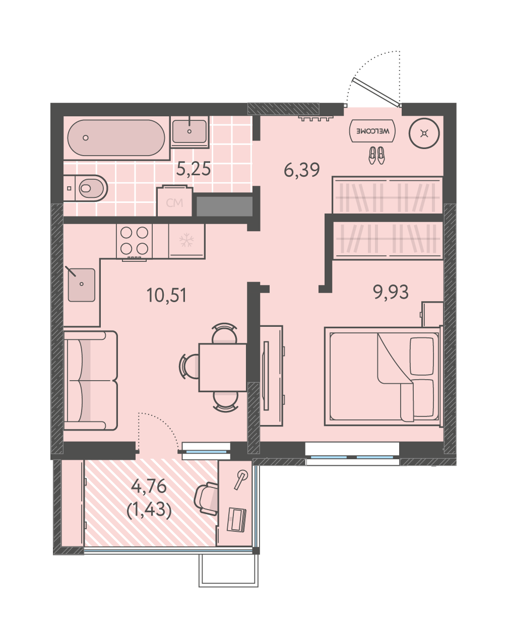 Планировка: 1-комн. квартира 33,5 м²