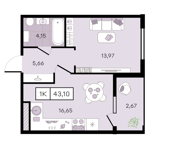 Планировка 1-комнатная 43,1 м²